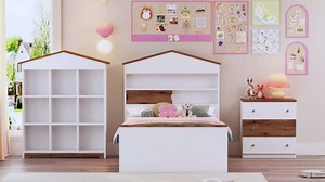 LUMISOL 3 Piece Kids Bedroom Set, Twin Size House Platform Bed with 2 Drawers, Nightstand and Storage Rack, 3 Piece Twin Bedroom Furniture Set, Pink