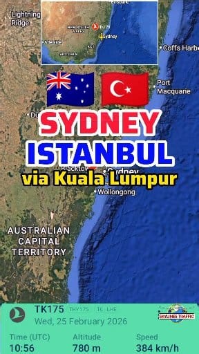 Sydney to Istanbul Flight Route By Turkish Airlines TK175 via Kuala Lumpur This international flight from Sydney to Istanbul with a stopover in Kuala Lumpur is Turkish Airlines flight TK175. This route covers a distance of 15,621 km, with a total flight duration of 17 hours and 11 minutes, including a 2-hour, 43-minute stopover at Kuala Lumpur International Airport. Departing from Sydney International Airport and arriving at Istanbul International Airport, the airline operates a modern Airbus A3