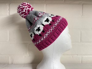 Hand Knit Fair Isle Chunky Sheep Pattern Bobble Hat Snug Fit Pink Grey - Etsy UK