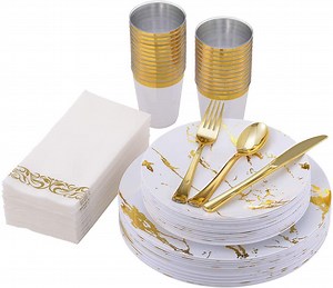 [Hot Item] Huiran Party Tableware Disposable Plastic Cups Plates Cutlery Set Disposable Tableware Set for Wedding
