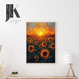 Textured Sunflower Field Sunset Art Print | Warm Floral Wall Decor (digital Download) - Etsy Canada
