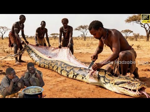 Hadzabe tribe hunts giant python and cook them according ancient custom | Hadzabe Tribe Hunting #2