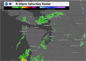 Radar shows some hit and miss showers moving through the area this evening. Showers should taper overnight and mostly become confined to the Cascades. | US National Weather Service Seattle Washington
