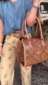 Love this turquoise and natural tooled collection!! ♥️ Shop >> https://www.heelsnspurs.com/collections/tooled-leather-items | Heels N Spurs