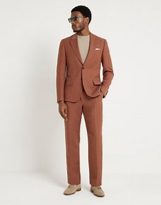 River Island linen slim suit in rust | ASOS