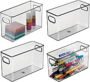 mDesign Slim Plastic Office Supply Organizer with Handles - Desk Storage Container - Pencil, Pen, Marker, Scissor, and Writing Utensil Holder Case - Office Organizer Storage Box - 4 Pack, Smoke Gray
