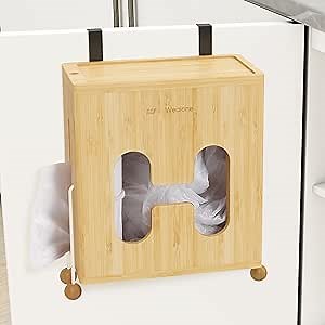 Wealone 2-in-1 Grocery Bag Holder & Trash Bag Dispenser - Adjustable Bamboo Garbage Plastic Bag Roll Storage for Kitchen Organizers, Rotating Lid Trash Bag Holder for Cabinet Door/Wall/Countertop