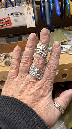 Triple knots and very dry hands that need a manicure 🥴 That is what is on my bench today, what is on yours? #ljbjewelry #silverstatementrings #onmybenchtoday #handmadejewelrydesign | LjBjewelry