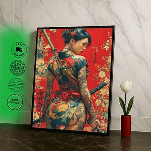Japanische Kriegerin Leinwand Kunstdruck Bold Floral Samurai Wohnzimmer Dekor Statement Piece