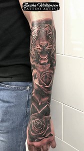 20K views · 262 reactions | Did this black and grey Tiger and rose tattoos going onto the hand in a full day sitting the other day. Thanks for looking :) | Sasha Wilkinson Tattoos | Facebook