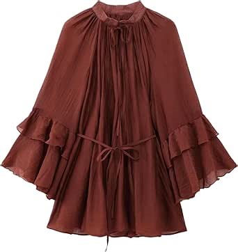 Amazon.com: Mini vestido de manga larga con volantes para mujer, cuello en V, holgado, vestido de fiesta de poliéster : Ropa, Zapatos y Joyería