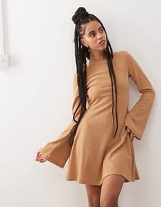 Reclaimed Vintage textured jersey flare sleeve boho mini dress in mocha brown | ASOS