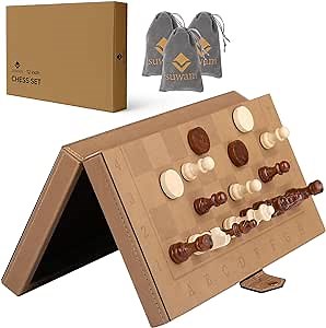 12" Leather Magnetic Chess Sets - Chess & Checkers Board Game, suwam Portable Travel Chess Board Games, Beginner Large Chess Set for Kids and Adults