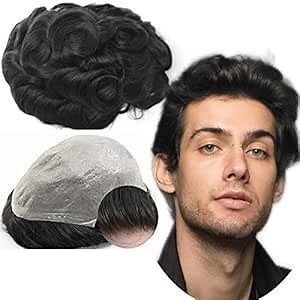 Toupee for Men men hair pieces Mens Toupee Wavy Human Hair Replacement System 100% European Real Human Hair Mens Hairpieces Hair System 0.04mm Soft Thin Skin PU V-loop (#1B Off Black, 8x10)
