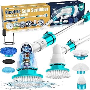 Electric Spin Scrubber, Cordless Shower Spin Scrubber with 6 Brush Heads, Long Extension Arm and Adapter, Household Cleaning Brush, Bathroom Scrubber Power Spin Scrubber for Grout Sink Tub Tile Floor
