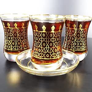 Turkish Tea Cups Glasses Set of 6 and Saucers Teacups Fancy Moroccan for Teapot Kettle Tray Vintage Women Party Serving Decorative Adults Kitchen Indian Coffee Gold Glassware Gift Style