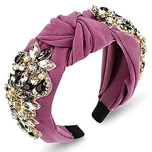 Crystal Wide Headbands For Women, Color You Bejeweled Headband Rhinestone Knotted Headband, Vintage Beaded Headbands Handmade Elastic Headbands for Girls Women Mothers Day Gifts(Pink)