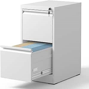 2 Drawer File Cabinet with Lock, Metal Vertical Filing Cabinets for Home Office, Steel Storage Cabinet for Hanging Legal/Letter Size Files, Assembly Required (White)