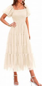 PRETTYGARDEN Women's Smocked Tulle Midi Dress Summer Square Neck Puffy Short Sleeve Ruffle Wedding Guest Party Dresses