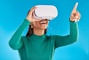 Woman with VR Headset, Metaverse and Futuristic Technology with Simulation and Gaming on Blue Background. Virtual Stock Image - Image of video, model: 270880637
