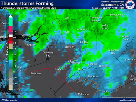 Scattered heavier showers and thunderstorms are developing near Turlock and locations east and southeast of Stockton and Modesto. Some of the activity is edging into the adjacent Mother Lode foothills. Local heavy rain, small hail and lightning strikes are expected. | US National Weather Service Sacramento California