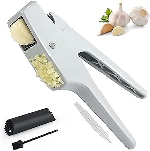 2 in 1 Garlic Press Garlic Slicer and Mincer, Dual Function Garlic Mincer and Slicer with Garlic Cleaner Brush and Silicone Tube Peeler Set,Ginger Garlic Crusher and Masher