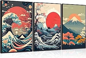 3Pcs Japanese Wall Art Asian Nature Landscape Posters Pictures Kanagawa Giant Wave Canvas Prints Mount Japanese Fuji Art Paintings Cherry Blossom Lake Wall Decor for Living Room Bedroom Office Unframed