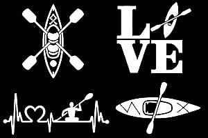 Kayaking Decal 4 Pack: Kayak Heartbeat, Love Kayaking, Detailed Kayak, Kayaking Vinyl Decals (Small ~3.5", White)