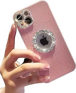 TECH Work Designed for iPhone 14 Pro Max Fancy Case – Pink, Luxury Designer Leather Cover with Glitter Bling Diamond 3D Sparkle Crystal for Women Girls, Shockproof Body, MagSafe Compatible