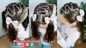 Penteado Infantil em triângulos com Maria Chiquinha. Ponytails hairstyle with rubber band for girls. | Mania de Penteado