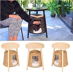 Cat Condo Side Table, 2-in1 End Table & Cat Bed, Kitten Hideaway Cave House Washable Cushion, Decorative Pet Furniture, Coffee Table Hideout Hut (Nature Rattan Classic Wood Top)