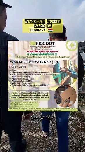 Hiring!!! Warehouse Worker bound to Hungary 🇭🇺 Agency: Peridot International Resources Inc. #hungary