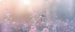 A butterfly is flying in a field of flowers. The image has a serene and peaceful mood, with the butterfly being the focal point of the scene. The flowers are scattered throughout the field