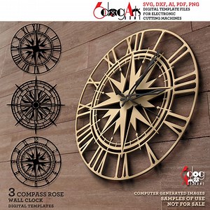 3x Compass Rose Wall Clock SVG DXF Templates Digital Vector Files Instant Download Home Decor Laser Metal Cutting Cnc Plasma Cutter JH-583 - Etsy