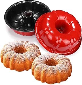 Nuogo 2 Pack 10 Inch Non Stick Fluted Tube Cake Pans, 10 Cups Fluted Pans for Baking Heavy Duty Carbon Steel Tube Pan Baking Mold for Baking, Brownie, Meatloaf(Red)