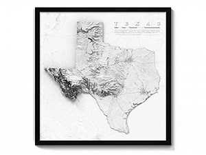 GeoJango Maps, Texas State Physical Map; Topo Topographical Elevation Shaded Relief Framed Picture, 24x24 inch map (Black and White)