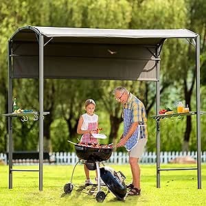 7' x 4.5' Grill Gazebo, Outdoor BBQ Canopy with Side Awning, Steel Double Tiered Grill Canopy Tent with Shelves and Hooks for Patio and Backyard, Gray