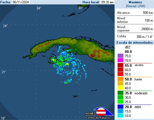 Cuban radar this morning shows the eye of Hurricane Rafael, which will pass just to the NE of the Isla de la Juventud later this afternoon as a borderline Category 3 storm. #tropics #radar #cuba #hurricane #Rafael #rainfall #flooding #winds #weather #forecast #WeatherWorks #weatherExperts | WeatherWorks, LLC.