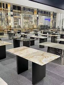 [Hot Item] Dining Table Top Stone Pedestal Base Oval Luxury Yellow Stone Dining Table