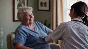 Nurse is talking to an older woman. Female doctor with a stethoscope for examination. Nurse in a consultation with a patient. A nurse is conversing with an elderly woman lifestyle. Stock Video
