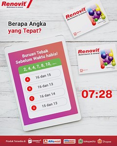 Sambil menunggu waktu berbuka puasa, kita berhitung sebentar yuk! Kira-kira, berapa angka yang tepat untuk mengisi titik-titik berikut? Tulis jawaban kamu di kolom komentar! #Renovit #RenovitMultivitamin #SiapJagaKesehatan #Trivia | Sahabat Bugar