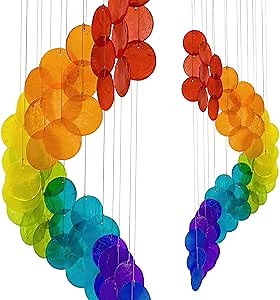 Bellaa 23325 Wind Chimes Outdoor, Garden Decorations, Musical, Indoor/Outside Windchimes, Beach, Ocean Breeze, Gifts for Mom, Gift for All Occasions, Capiz Sea Glass Shells Wood 27 inch Z Rainbow