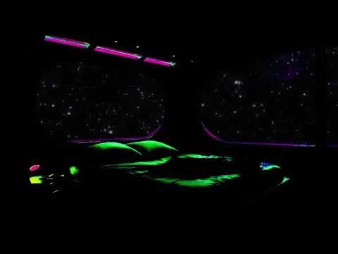 Galactic Glow, Blacklight Bedroom with Starry Night Sky Windows