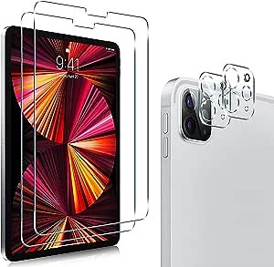 [2+2 Packs] PULEN for iPad Pro 11 2021 & 2020 Screen Protector with Camera Lens Protector,HD Clear No Bubble Anti-Scratch 9H Hardness Tempered Glass Compatible with Apple Pencil and Face ID (11 Inch）