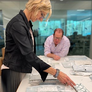 Here we are, hard at work at @KravetInc studio in Woodbury NY and my own studio in Toronto. My next textile collection is loaded with chunky chenilles, embroideries, jacquard velvets and linen prints to name just a few. This collection is now hanging in Kravet Showrooms! | Candice Olson Design