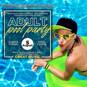 18 reactions | Adult Pool Party this Saturday starting at 11:30am until 3pm! Outside alcohol, personal cups/tumblers, ice chests are not permitted in the pool area during event. ID and wristband required to enter and purchase alcoholic beverages. Come cool down with us by the pool!  | Mountain Lakes Resort: Lytle Creek, CA | Facebook
