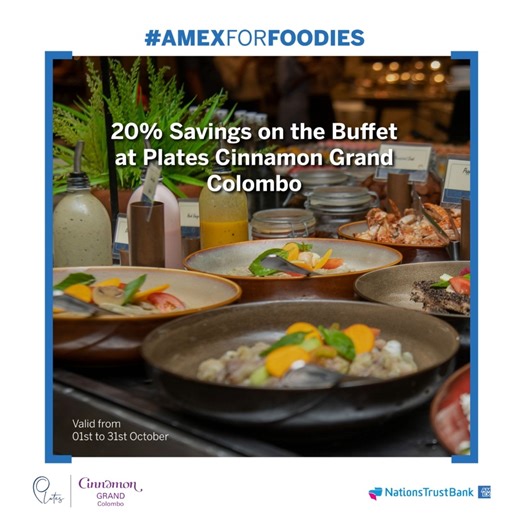 Indulge in a feast for the senses at Cinnamon Grand Colombo Plates & Nuga Gama restaurants. Enjoy an exclusive 20% savings with your Nations Trust Bank American Express Card till October 31st, 2023. #Amexforfoodies #cinnamongrand #nugagama #plates #Nationstrustbank #AmericanExpress | Nations Trust Bank | Facebook