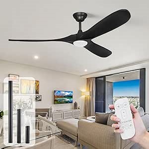 60 Inch Indoor Outdoor Ceiling Fan with Remote & Dimmable Light, Damp Rated, 3 Propeller Solid Wood Blades, 7000 High CFM 6-Speed Quiet Reversible DC Motor, for Patio Living Room Bedroom, Modern Black