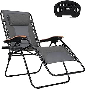 PHI VILLA Oversized Padded Zero Gravity Chair, Folding Outdoor Patio Recliner, XL Anti Gravity Lounger for Backyard w/Headrest, Cup Holder, Side Tray, Grey