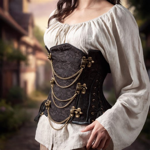 Black Steampunk Corset With Antique Brass Hardware and Chains – Gothic Renaissance Waist Cincher - Etsy